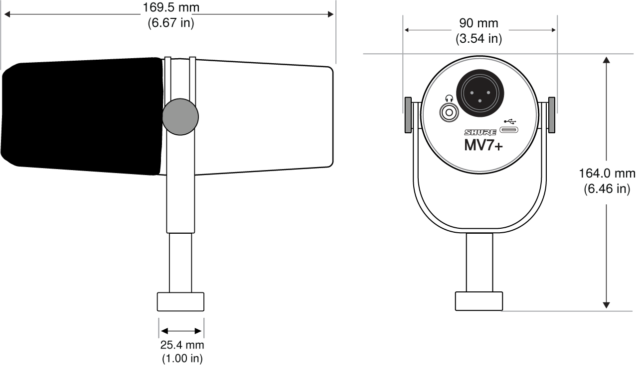 Dimensions of the MV7 plus.