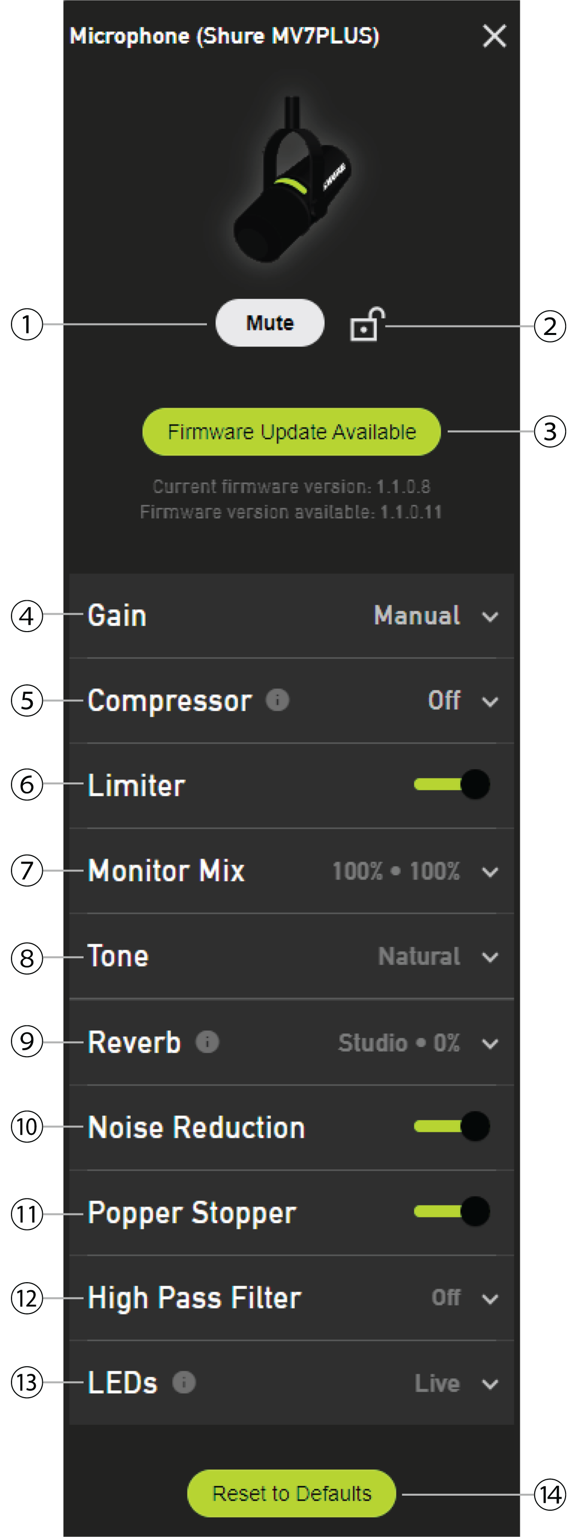 A screenshot of the MOTIV Mix desktop app Manual settings screen.